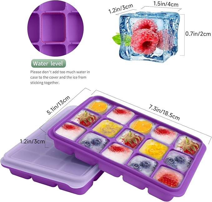 Tvmania Ice Cube Trays Set of 2, Easy Release 15 Flexible Silicone Ice Cube Molds with Removable Lid Reusable Freezer Ice Trays Stackable for Whiskey, Baby Food, BPA Free (purple) - Image 3