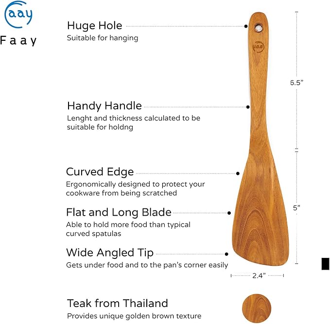 FAAY 11.5” Left-Hand Compact Wooden Spatula – Angled Teak Turner for Left-Handed Cooking, Flat Wide Blade for Stir-Fry, Flipping & Scraping, Handcrafted Thai Teak, Safe for Nonstick Cookware - Image 2