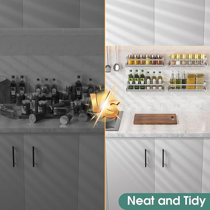 LUCYCAZ 4 Pack Wall Mounted Spice Rack with 16 Hooks, Spice Organizer Shelf for Stove Cabinet Pantry Door,Screw or Adhesive Spice Shelf Hanging Wall Spice Rack in Kitchen and RV (Silver, 4 PACK) - Image 6