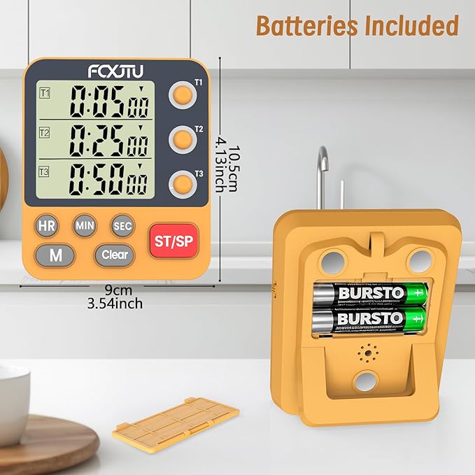 Digital Dual Triple Kitchen Timer, 3-Channel Magnetic Countdown Timer for Cooking, Large Display Stopwatch Multi Food Classroom Timer Loud Alarm for Seniors Teachers Battery Included (Orange)