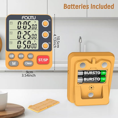 Digital Dual Triple Kitchen Timer, 3-Channel Magnetic Countdown Timer for Cooking, Large Display Stopwatch Multi Food Classroom Timer Loud Alarm for Seniors Teachers Battery Included (Orange)