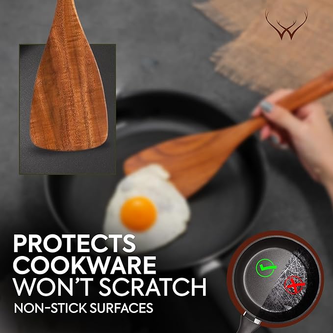 12 Pcs Wooden Cooking Utensils Set – Luxury Wooden Kitchen Utensils with Holder, Versatile Wooden Spoons for Cooking & Durable Teak Wood Utensil Set for Modern Home - Cooking spoons with Spatula - Image 5