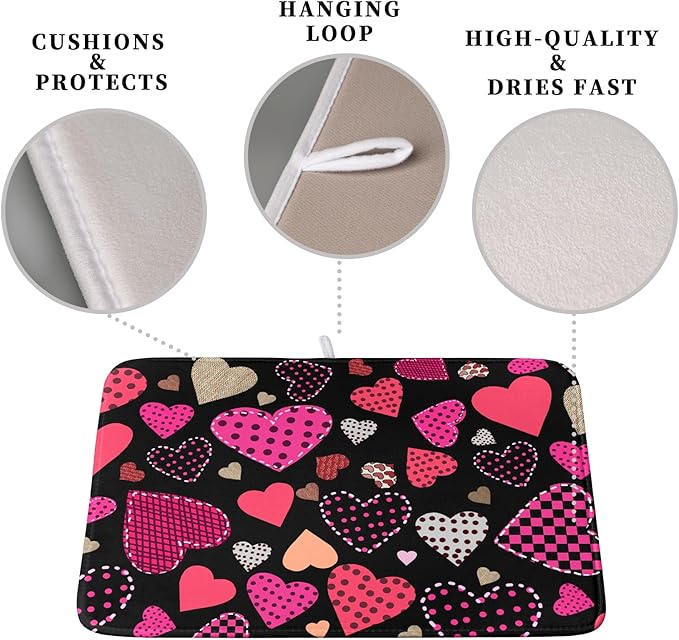 Happy Valentine's Day Kitchen Drying Mats for Dishes 18x24 Inch Love Heart Dish Drying Mat Black Pink Polka Dots Dish Drainer Mat Super Absorbent Dish Rack Pad for Coffee Bar Sinks - Image 3
