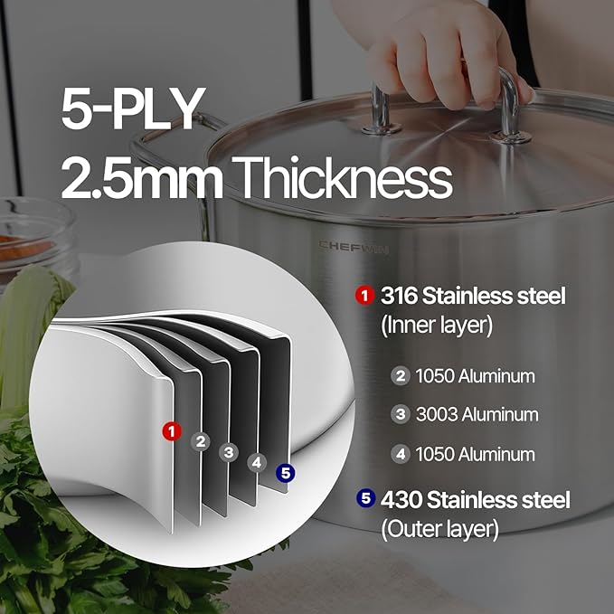 316 Stainless Steel 12.7 Quart Heavy Duty Stock Pot with Lid Deep Cooking Pot, 5Ply, Induction Cookware, Dishwasher Safe