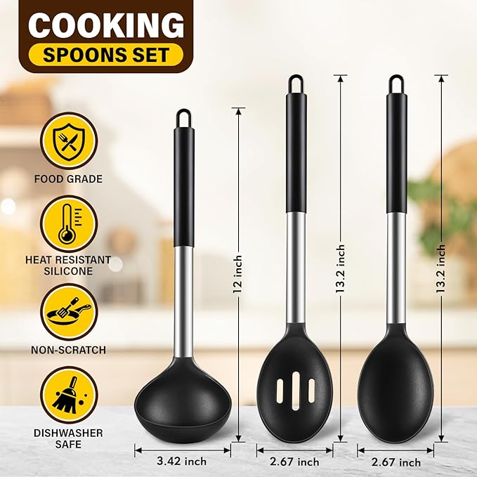 3 Pcs Silicone Cooking Spoon Set, Kitchen Utensils Include Solid & Slotted Spoon, Soup Ladle, Food-Grade Heat Resistant, Non-Scratch Spoons for Serving, Stirring, Draining, Dishwasher Safe, Black - Image 2