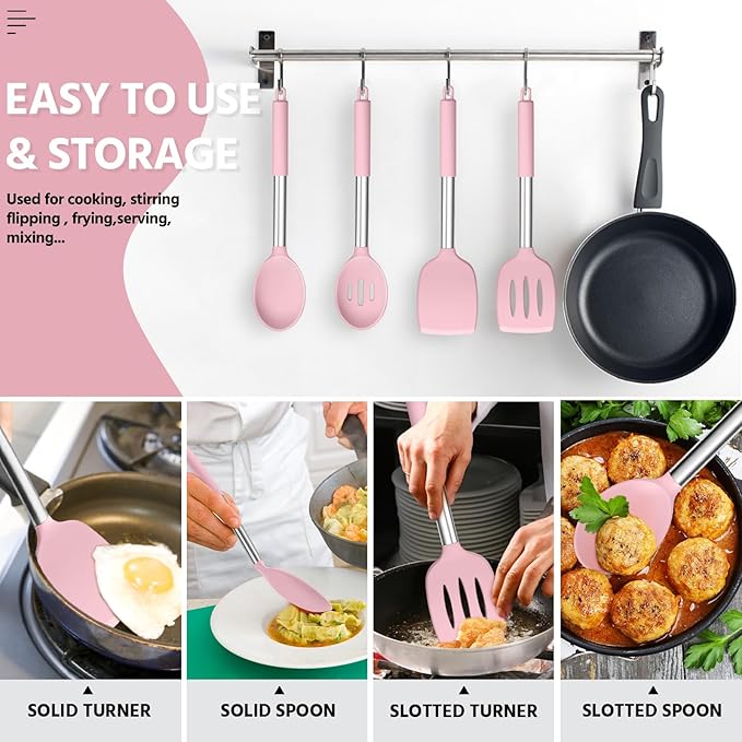 E-far Cooking Utensils Set of 4, Silicone Kitchen Utensils for Non-stick Cookware, Heat Resistant & Non-toxic Slotted Spatula Solid Spoon Turner for Flipping Mixing Serving Basting(Pink) - Image 6