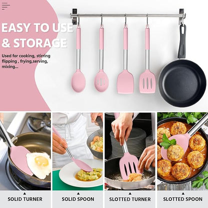E-far Cooking Utensils Set of 4, Silicone Kitchen Utensils for Non-stick Cookware, Heat Resistant & Non-toxic Slotted Spatula Solid Spoon Turner for Flipping Mixing Serving Basting(Pink) - Image 6