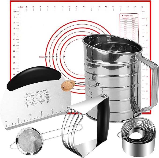 Biscuit Cutter Set,10PCS Stainless Steel Pastry Blender Set with Pastry Cutter,5PCS Biscuit Cutter,Dough Cutter,3 Cup Flour Sifter,Baking Mat and Fine Mesh Strainer for Cooking Cookies and Donuts by ATPWONZ