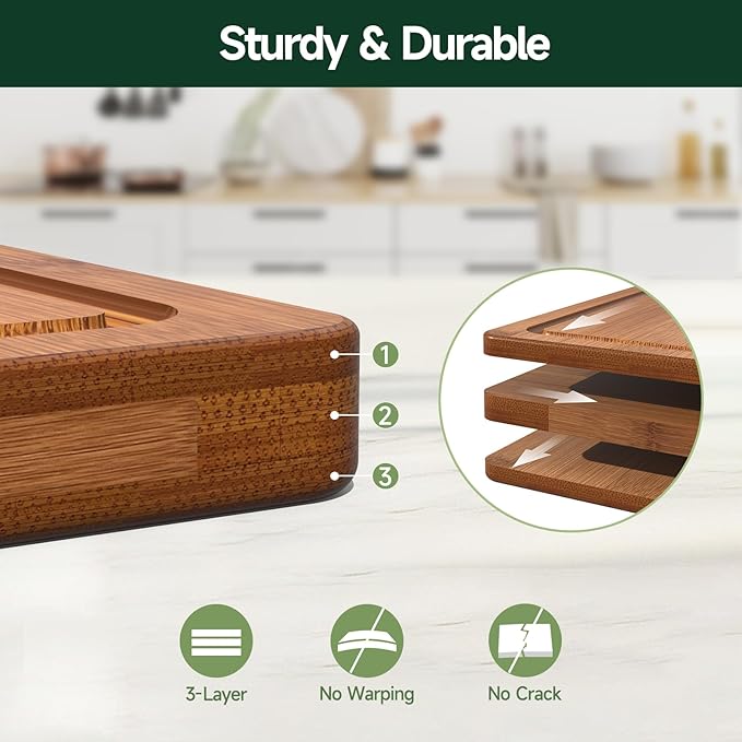 3-Piece Set Bamboo Cutting Board for Kitchen - Crack-Resistant Wood Chopping Boards with Deep Juice Grooves, Pre-Oiled Butcher Block for Meat, Vegetables & Cheese, Carbonized - Image 3