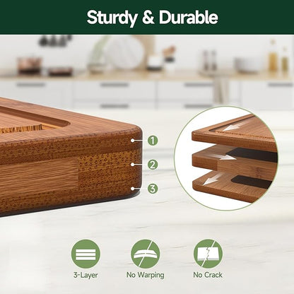 3-Piece Set Bamboo Cutting Board for Kitchen - Crack-Resistant Wood Chopping Boards with Deep Juice Grooves, Pre-Oiled Butcher Block for Meat, Vegetables & Cheese, Carbonized - Image 3