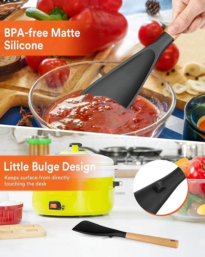 Cooking Spoon for Nonstick Cookwares, Great for Cooking and Serving Sturdy BPA-Free Matte Silicone, Wood Handle Spoon for Mixing, Scoop, and Scrape (Black & Grey, 13.4 inch) - Image 5