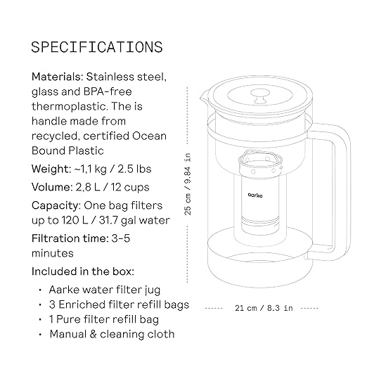 Aarke Purifier Large Glass Pitcher Bundle w/Steel Filter, BPA-Free, 3 Enriched + 1 Pure Granules, 2.8L Pitcher with 1.66L Filtration Capacity - Image 8