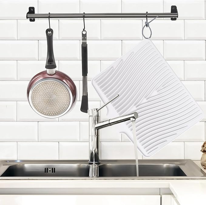TIKNIK Silicone Dish Drying Mat, Stone Drying Mat for Kitchen Counter with Built-In Drain, Non-Slip Drain Pad with Built-in Drain, Heat Resistant Stone Drying Mat, Hangable, White-1pcs, 20" x 15" - Image 5