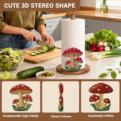 Mushroom Decor Paper Towel Holder, Cottage Core Decor for Kitchen Countertop, Cute Wood Paper Towel Holder Stand with 3D Resin Accent, Gifts for Women Mom Grandma