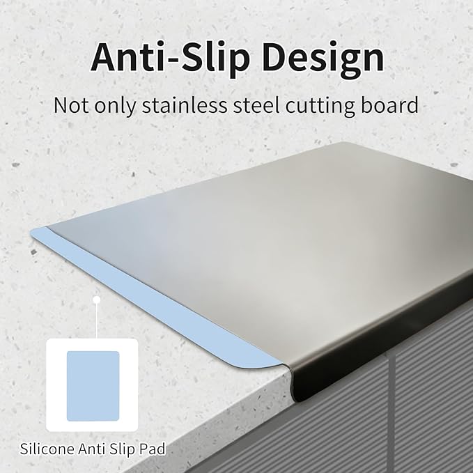 Large Stainless Steel Cutting Boards for Kitchen, Chopping Boards with Blue Non-slip Mat, Cutting Board with Counter Lip for Meat, Fruits, Vegetables, Bread,Dough(15.75" × 11.81")