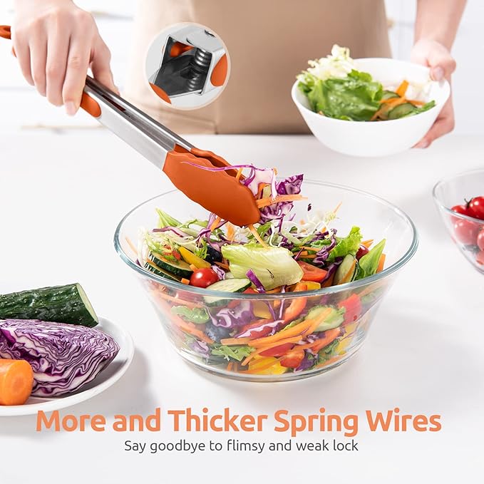 600ºF Heat Resistant Kitchen Tongs: U-Taste 9+12 inch Silicone Cooking Tong Set with Firm Sealed Non Stick Rubber Tips and Silicon Coated 18/8 Stainless Steel Handle for Serving Grilling Salad(Orange) - Image 8