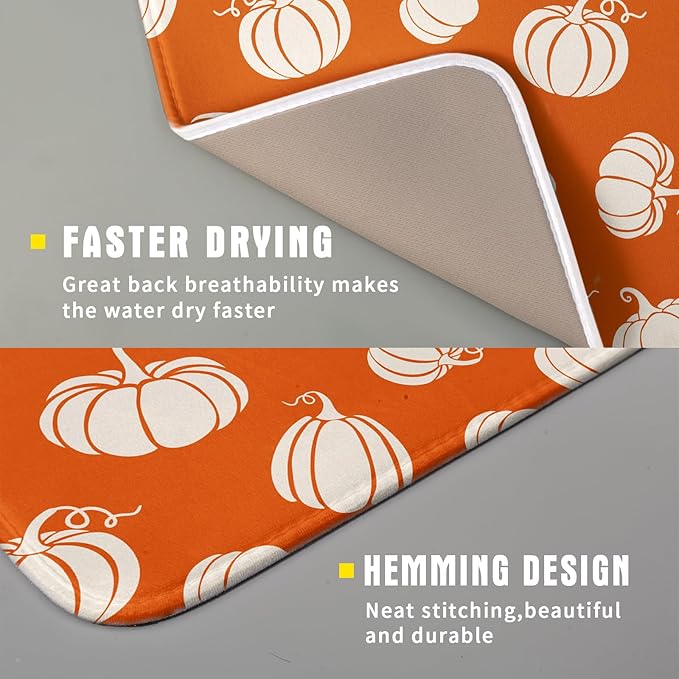 Fall Dish Drying Mat for Kitchen Counter Autumn White Pumpkins Festival Microfiber Absorbent Dish Draining Reusable Washable Foldable 16"x18" - Image 3
