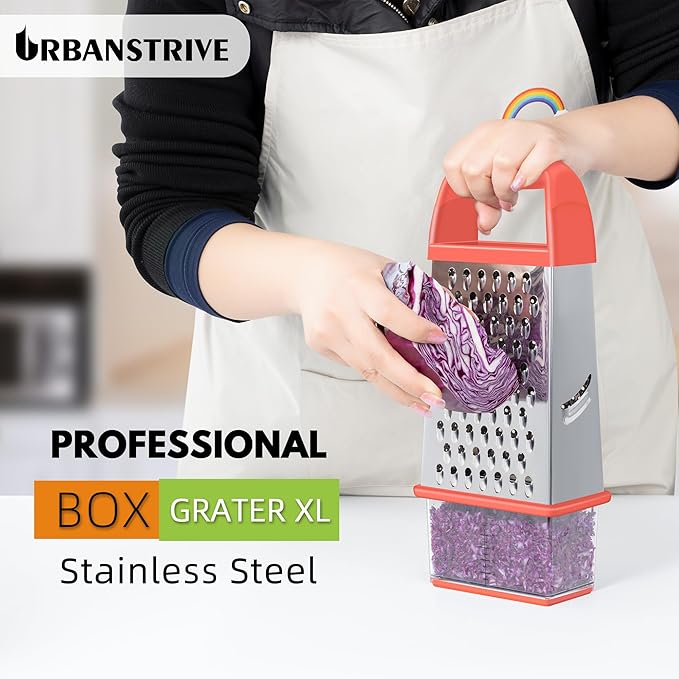 Urbanstrive Cheese Grater With Container, Professional Cheese Grater with Handle, Stainless Steel Graters for Kitchen Handheld, Box Grater with 4 Sides for Vegetables, Ginger, Potatoes (Coral) - Image 5