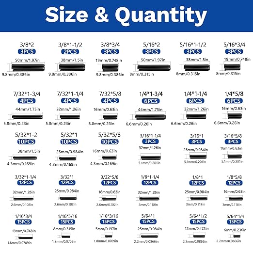 248 Pcs SAE Roll Pin Assortment Set Steel Split Expansion Pin 10 Sizes 1/16 5/64 3/32 1/8 5/32 3/16 7/32 1/4 5/16 3/8 Inch for Automotive Repair Machinery Home