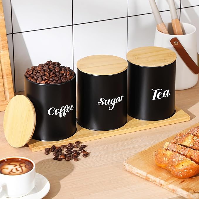 Reallnaive Coffee Tea Sugar Container Set with Tray, Set of 3 Airtight Metal Canister with Bamboo Lids, Farmhouse Kitchen Counter Organizer for Coffee Bar and Drink Station (Black)