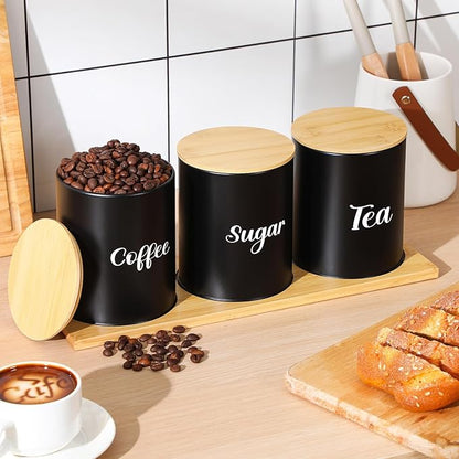 Reallnaive Coffee Tea Sugar Container Set with Tray, Set of 3 Airtight Metal Canister with Bamboo Lids, Farmhouse Kitchen Counter Organizer for Coffee Bar and Drink Station (Black)