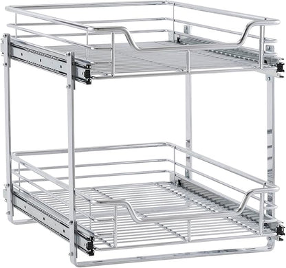 Household Essentials Glidez Multipurpose Chrome-Plated Steel Pull-Out/Slide-Out Basket Storage Organizer for Under Cabinet Use - 2-Tier Design - Fits Standard Size Cabinet or Shelf, Chrome