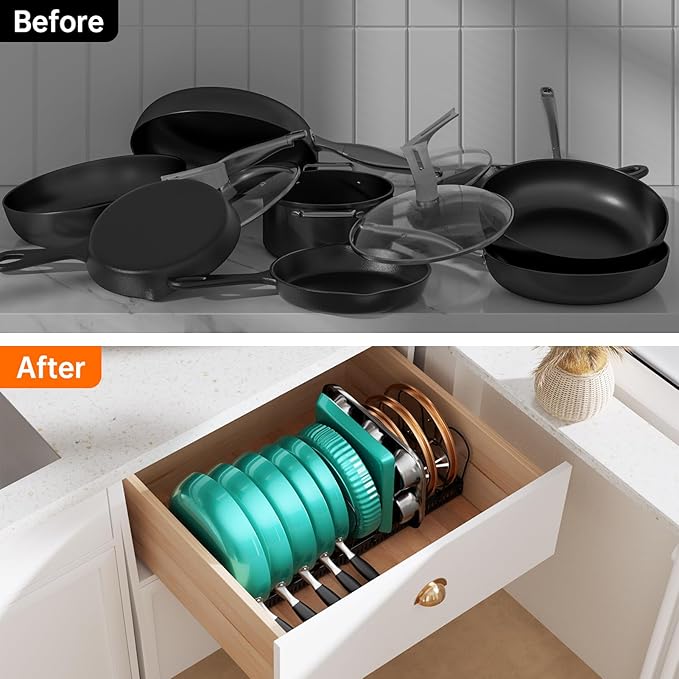 MUDEELA Expandable Pots and Pans Organizer Rack under Cabinet, Pots Lid Organizer Rack for Kitchen Cabinet Organizers and Storage with 12 Adjustable Dividers Cutting Board Holder & Anti-Scratch Strips - Image 6