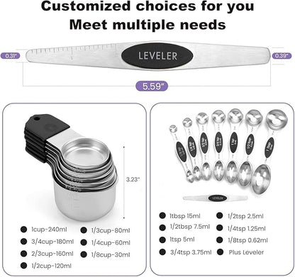 Magnetic Measuring Cups and Spoons Set, N52 Magnetic spoons Nesting Design, 304 Stainless Steel measuring cups, BPA Free, Dual-sided Design Set of 15 with Leveler for Dry & Liquid Ingredients Black