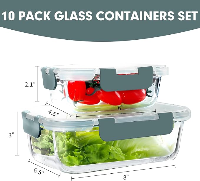 VERONES 10 Pack Glass Meal Prep Containers, Airtight Glass Lunch Containers, Stackable Glass Food Storage Containers Set with Lids,Exclusive of BPA,for Microwave, Oven, Freezer & Dishwasher,Grey - Image 2