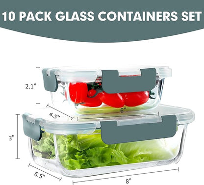 VERONES 10 Pack Glass Meal Prep Containers, Airtight Glass Lunch Containers, Stackable Glass Food Storage Containers Set with Lids,Exclusive of BPA,for Microwave, Oven, Freezer & Dishwasher,Grey - Image 2