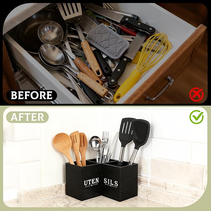 Kitchen Utensils Holder with 3 Compartments,Corner Utensil Caddy,Wooden Utensil Organizer for Countertop, Farmhouse Decor - Image 5