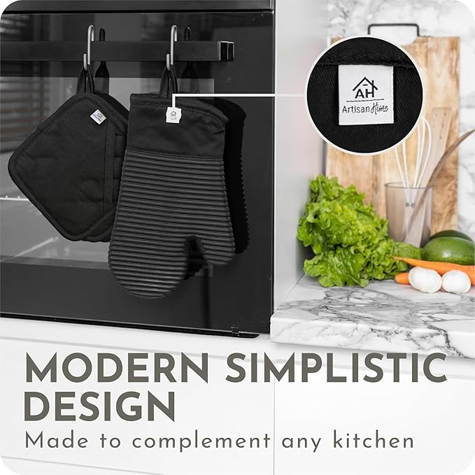 Extra Long Silicone Oven Mitts and Pot Holders Sets | Heat Resistant 500°F BPA-Free Food Grade Silicone Hot Pads & Kitchen Mittens | 4-Piece Set of Oven Gloves & Potholders for Kitchens. - Image 3