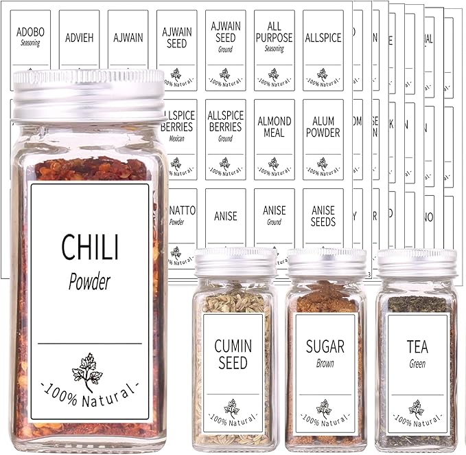 SWOMMOLY 48 Glass Spice Jars with 806 White Spice Labels, Chalk Marker and Funnel Complete Set. Empty Square Spice Bottles 4 oz, Spice Containers with Pour/sift Shaker Lid, Airtight Cap - Image 2