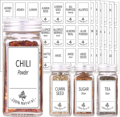 SWOMMOLY 48 Glass Spice Jars with 806 White Spice Labels, Chalk Marker and Funnel Complete Set. Empty Square Spice Bottles 4 oz, Spice Containers with Pour/sift Shaker Lid, Airtight Cap - Image 2