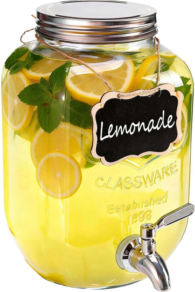 1 Gallon Glass Drink Dispensers For Parties,Beverage Dispenser,304 Stainless Steel Spigot Leakproof,Lemonade Dispenser for Sun Tea, Homemade Juice