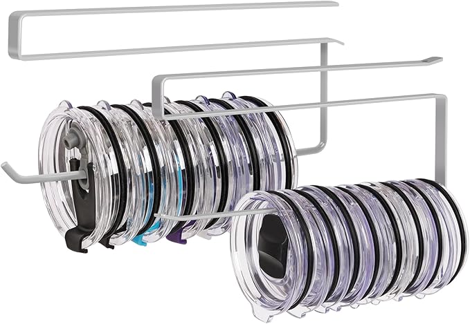 2 Pack Tumbler Lid Organizer, Horizontal Tumbler Lid Storage Hook Up to 20 Lids, Space Saving Cup Lid Holder Under Cabinet Tumbler Lid Hook for Kitchen Organizer, Paper Towel Hanger(Round&Flat, Grey) by JOLENSOY