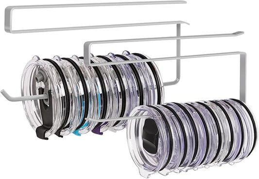 2 Pack Tumbler Lid Organizer, Horizontal Tumbler Lid Storage Hook Up to 20 Lids, Space Saving Cup Lid Holder Under Cabinet Tumbler Lid Hook for Kitchen Organizer, Paper Towel Hanger(Round&Flat, Grey) by JOLENSOY