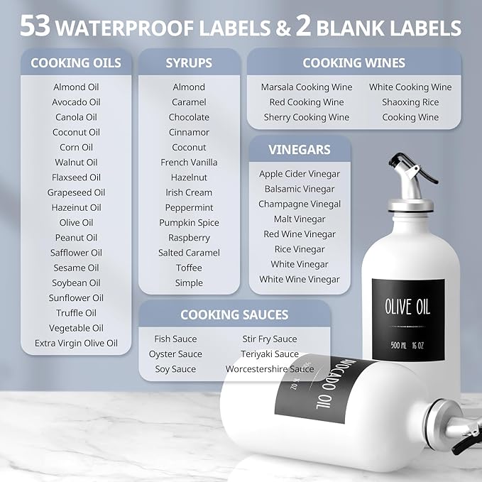 Olive Oil Dispenser Bottle for Kitchen, 16oz Glass Oil and Vinegar Dispenser Set with Wood Tray & 54 Labels - White Cooking Oil Bottles for Kitchen - Coffee Syrup Dispenser - Set of 2 - Image 3