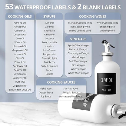 Olive Oil Dispenser Bottle for Kitchen, 16oz Glass Oil and Vinegar Dispenser Set with Wood Tray & 54 Labels - White Cooking Oil Bottles for Kitchen - Coffee Syrup Dispenser - Set of 2 - Image 3