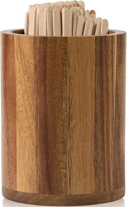 Acacia Wood Coffee Stirrer Holder Set with 100 Disposable Stir Sticks, Wooden Bar Accessories for Milk Cocktail Tea Drinks Straws, Organizer for Station Countertop by THORNIA