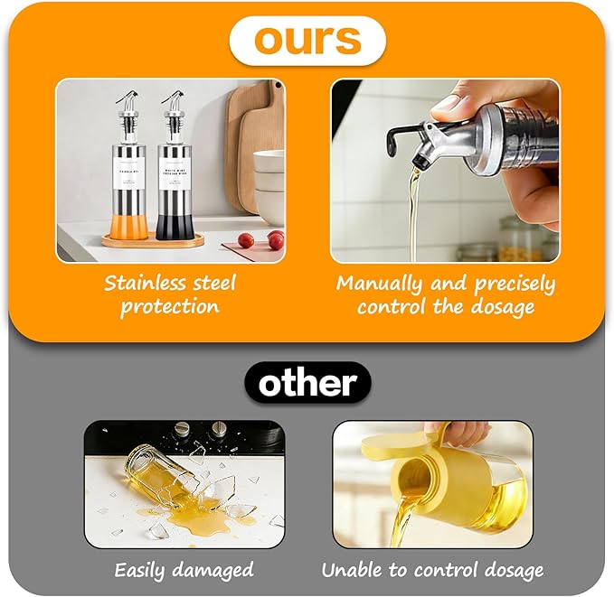 Olive Oil Dispenser Bottles for Kitchen with Bamboo Tray, Oil and Vinegar Dispenser Set, Stainless Steel Glass Dispensers for Kitchen, Dispenser Bottle of 300ml - Set of 2 - Image 5