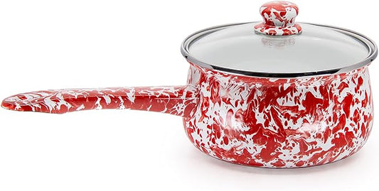 Golden Rabbit Enamelware Sauce Pan with Handle, 5 cup, Red Swirl