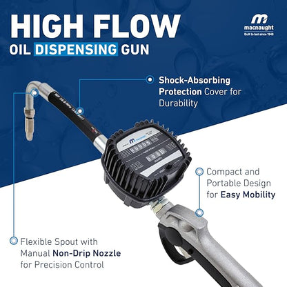 Macnaught Pneumatic Oil Gun with Control Valve 1/2" inch NPT Inlet, Mechanical Meter, Registers in Qts & Totals in Gal. Oil, antifreeze, trans fluid, lubricating oil, synthetic hydraulic oil & more - Image 2