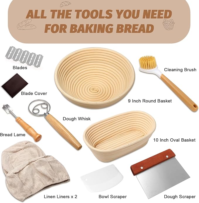 Sourdough Proofing Basket Gift Set, 9" Round and 10" Oval Banneton Bread Baking Supplies, Sourdough Baskets with Bread Lame, Danish Whish, Bowl Scraper, Sourdough Scraper, and Linen Liner - Image 5