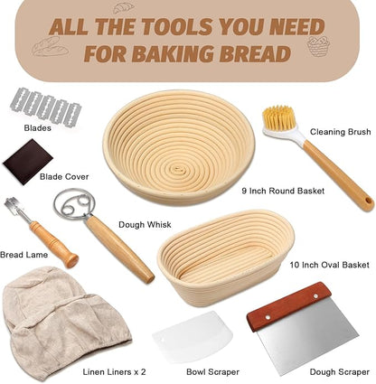 Sourdough Proofing Basket Gift Set, 9" Round and 10" Oval Banneton Bread Baking Supplies, Sourdough Baskets with Bread Lame, Danish Whish, Bowl Scraper, Sourdough Scraper, and Linen Liner - Image 5
