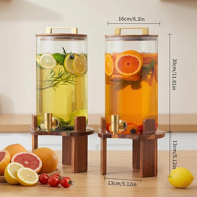2 PCS 1.5 Gallon Glass Drink Dispenser, Beverage Dispenser With Wood Stand, Lid and Stainless Steel Spigot, Large Water Dispenser for Parties, Perfect for Lemonade, Juice, Tea and Daily Drinks - Image 2