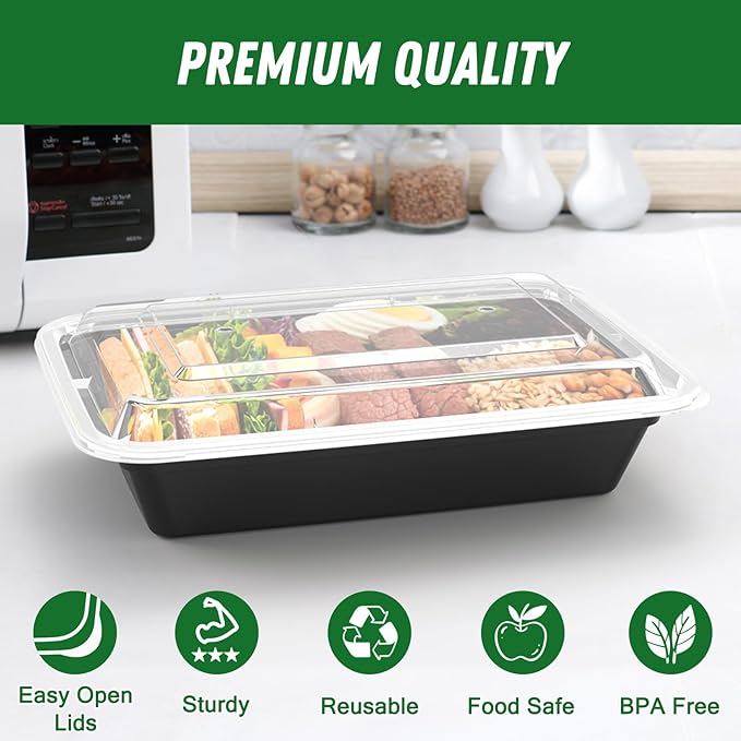 50 Pack (100-Piece) 32 oz Meal Prep Containers Reusable with Easy Open Lids, Sturdy Leakproof Food Safe, Microwave Freezer Dishwasher Safe, To Go Take Out Plastic Food Storage Pans with Lids, Black - Image 3