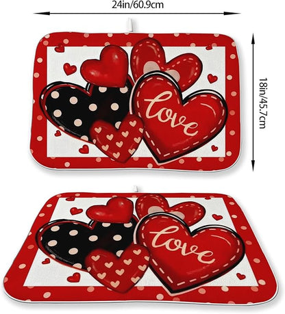 Valentines Dish Drying Mat 18x24 Inch Black Red Hearts Dish Drainer Protector Pad for Kitchen Counter Absorbent Holiday Love Drying Pad for Drainer Rack Kitchen Fast Dry