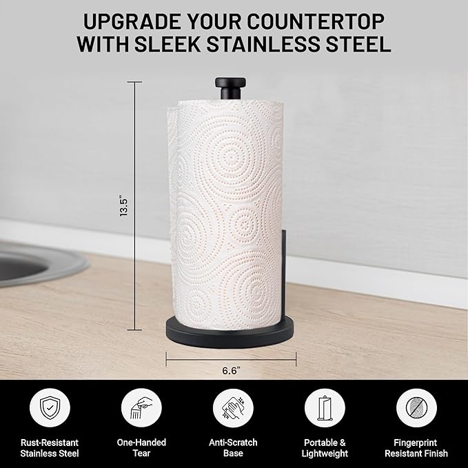 Black Paper Towel Holder Countertop Stainless Steel Paper Towel Stand with Weighted Non-Slip Base One-Handed Tear, Rust-Resistant Kitchen Roll Holder, Standard, Jumbo & Large Rolls - Image 3
