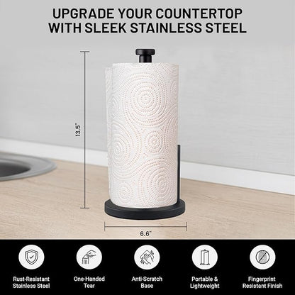 Black Paper Towel Holder Countertop Stainless Steel Paper Towel Stand with Weighted Non-Slip Base One-Handed Tear, Rust-Resistant Kitchen Roll Holder, Standard, Jumbo & Large Rolls - Image 3